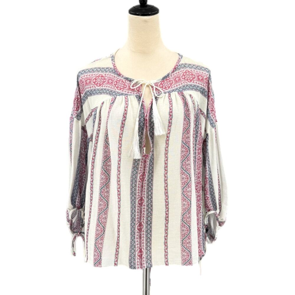 Derek Lam 10 Crosby 100% Cotton White Blue Pink Stripe Tassel Tie Boho Blouse
